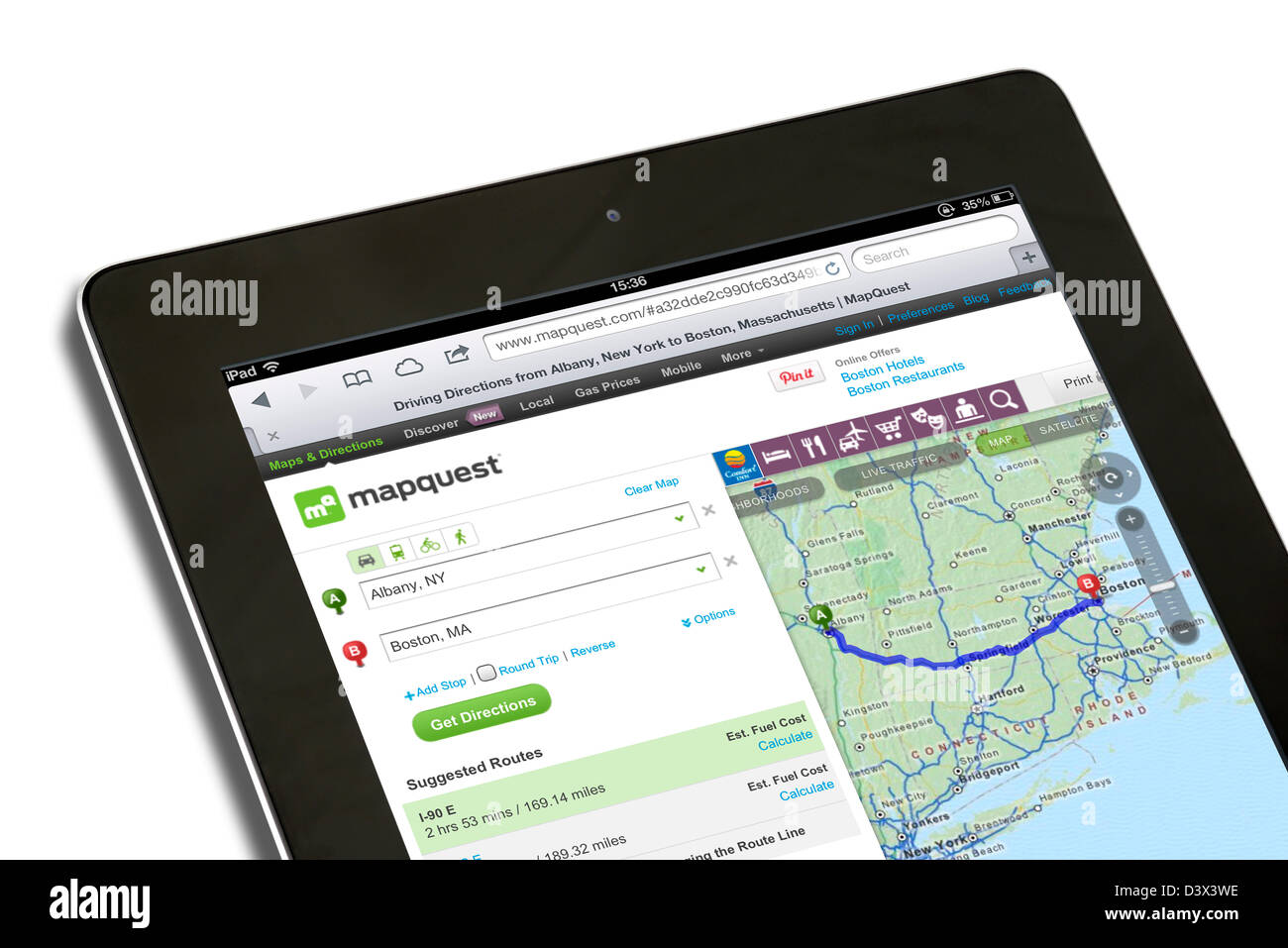 À l'aide de Mapquest pour planifier un itinéraire à partir d'Albany à Boston, vue sur un iPad 4e génération Banque D'Images