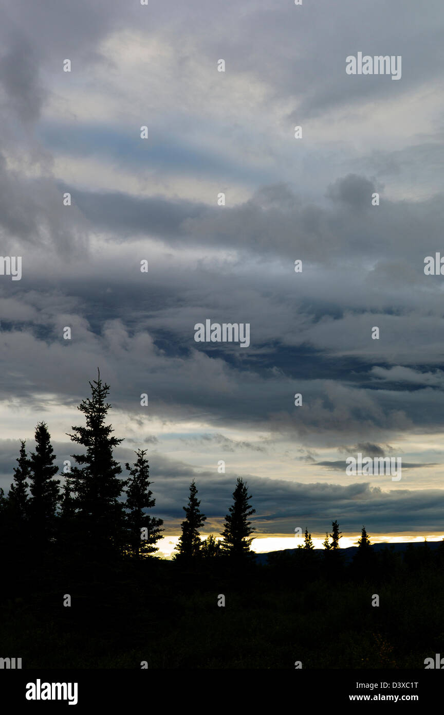 Ciel dramatique et nuages près de Denali National Park, Healy, Alaska, USA Banque D'Images