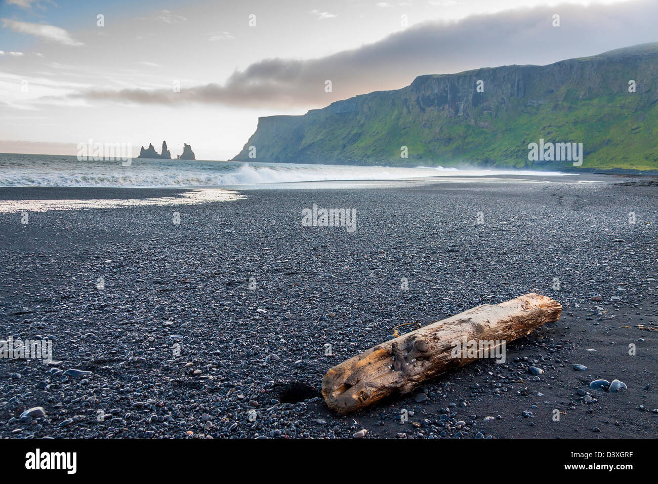 Plage de sable noir de beauté en arrière-plan dyrholaey vik - pierre, de l'Islande. été journée ensoleillée. Banque D'Images