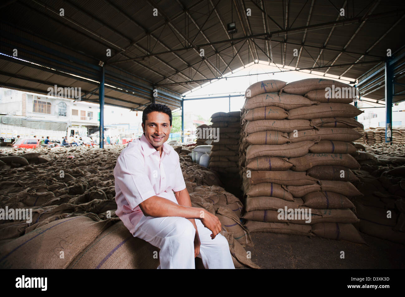 Homme assis sur pile de sacs de blé dans un entrepôt, Anaj, Mandi, Sohna Gurgaon, Haryana, Inde Banque D'Images