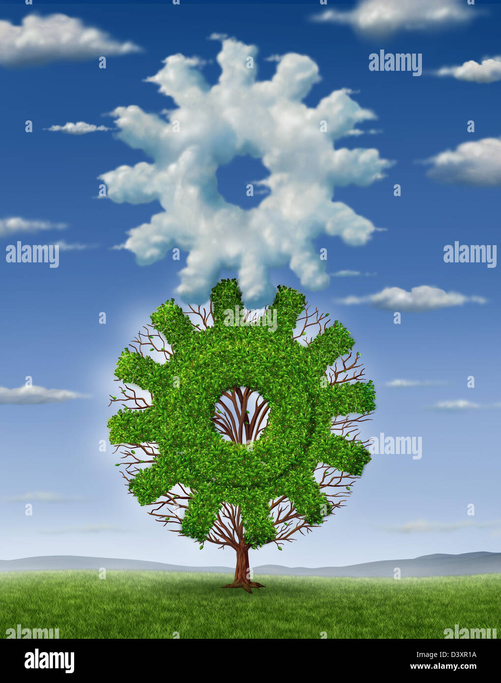 L'industrie et de la technologie cloud avec un concept d'entreprise nuages dans la forme d'un engrenage et un arbre en forme de dent rencontre connecté en tant qu'équipe de travailler en partenariat pour le succès dans la gestion de l'information. Banque D'Images