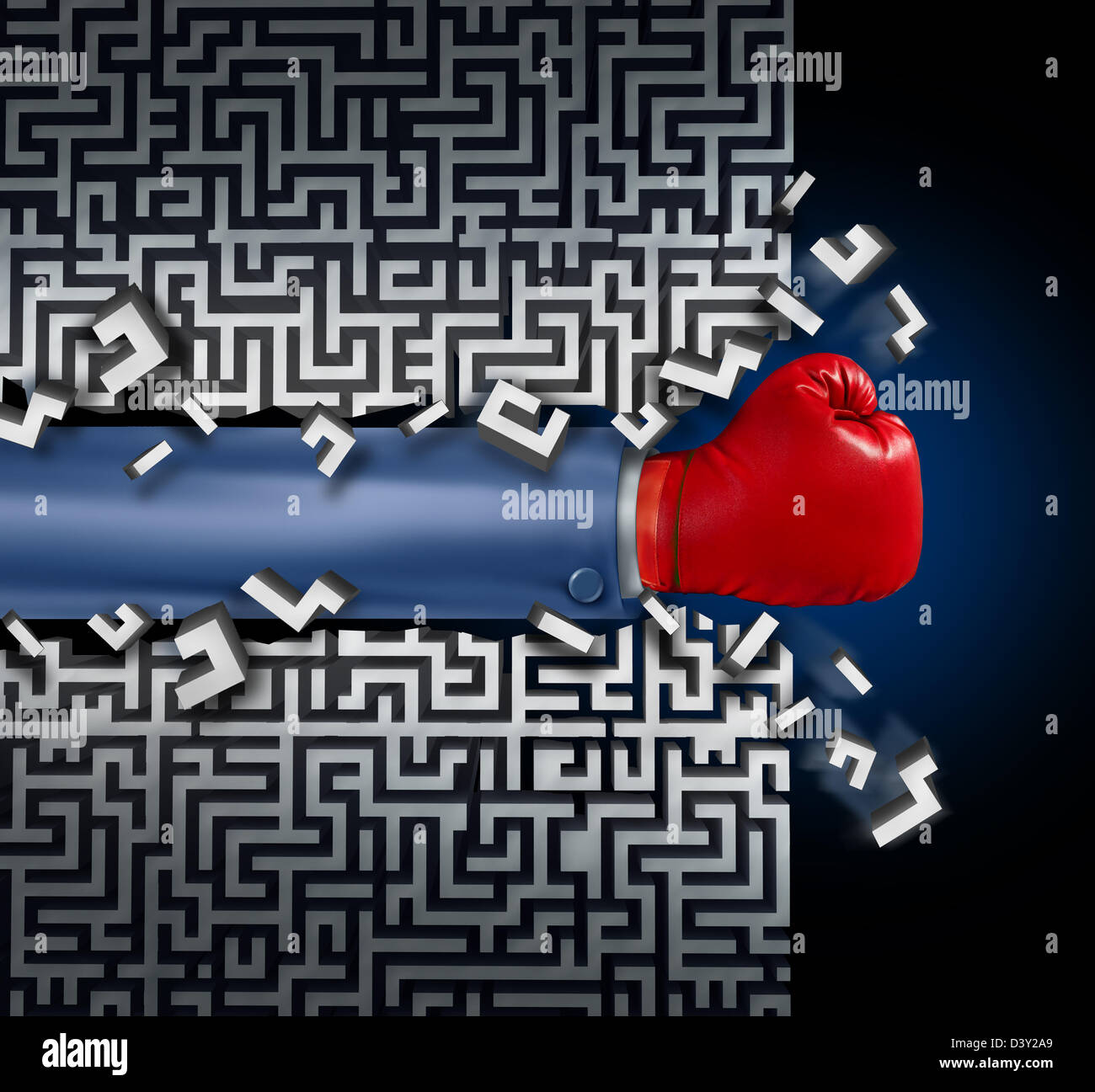 Rompre avec la vision de leadership et d'affaires de l'entreprise Stratégie de défis et obstacles dans un labyrinthe avec un homme d'affaires bras avec un gant de boxe rouge dégageant un chemin dans un labyrinthe avec une solution claire et raccourci pour le succès. Banque D'Images