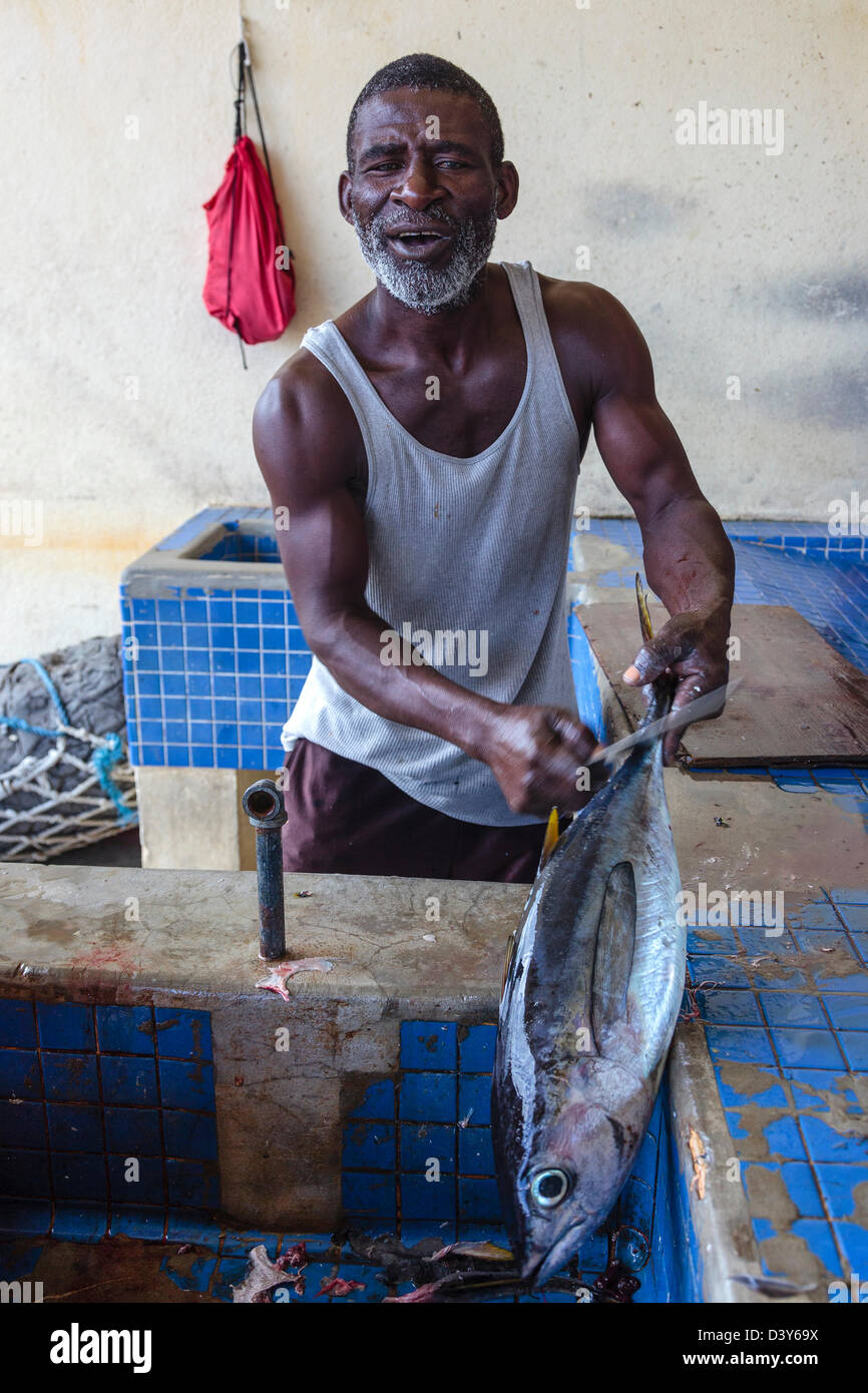 Les pêcheurs locaux l'éviscération un thon au marché aux poissons, Micoud, St Lucia Banque D'Images