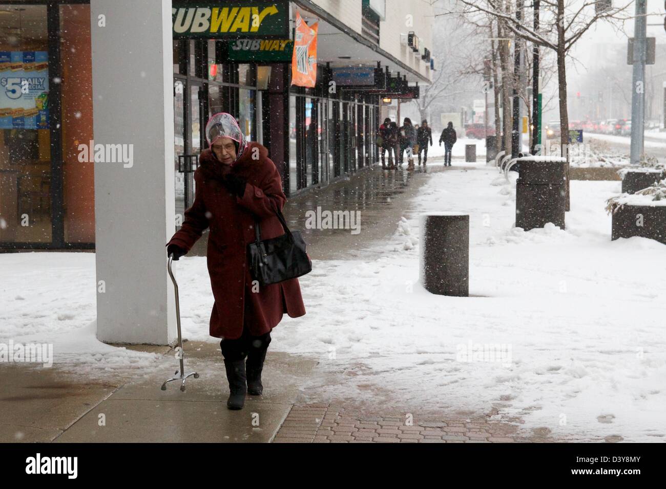 Oak Park, Illinois, USA. 26 février 2013. A senior woman marche avec une canne comme une lourde tempête de la fin de l'hiver dans les rouleaux de la région de Chicago. Les totaux de neige jusqu'à sept pouces sont attendus. Credit : Todd Bannor / Alamy Live News Banque D'Images