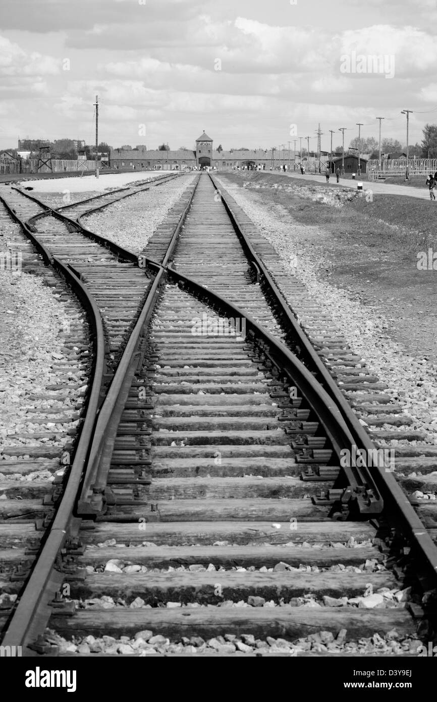 Gare à Auschwitz II Birkenau camp de concentration nazi, Pologne Banque D'Images