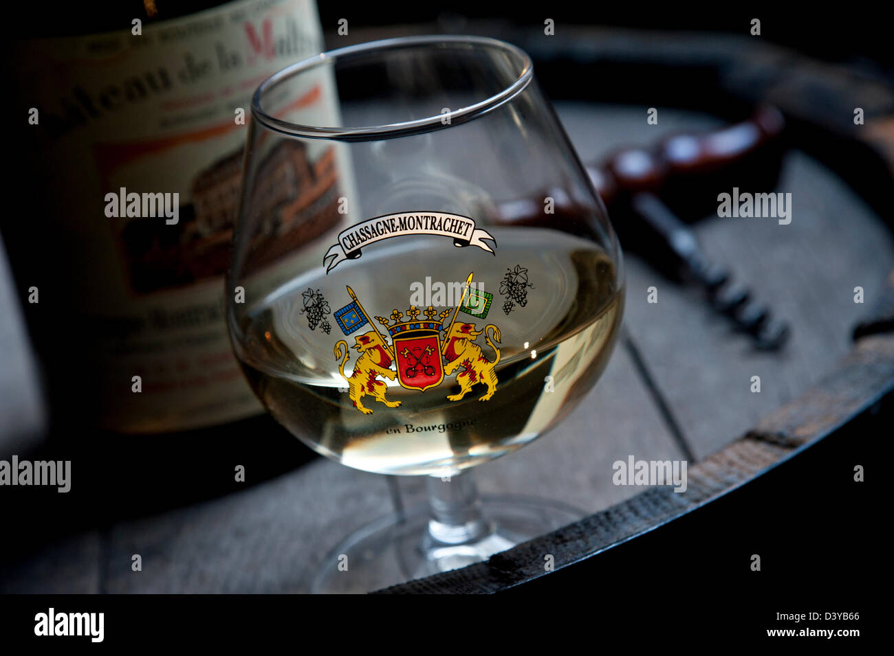 Visite de la cave de dégustation DE vins FRANÇAIS DE CHASSAGNE-MONTRACHET avec verre et bouteille de vin de Bourgogne blanc de Chassagne-Montrachet Côte d'Or France Banque D'Images