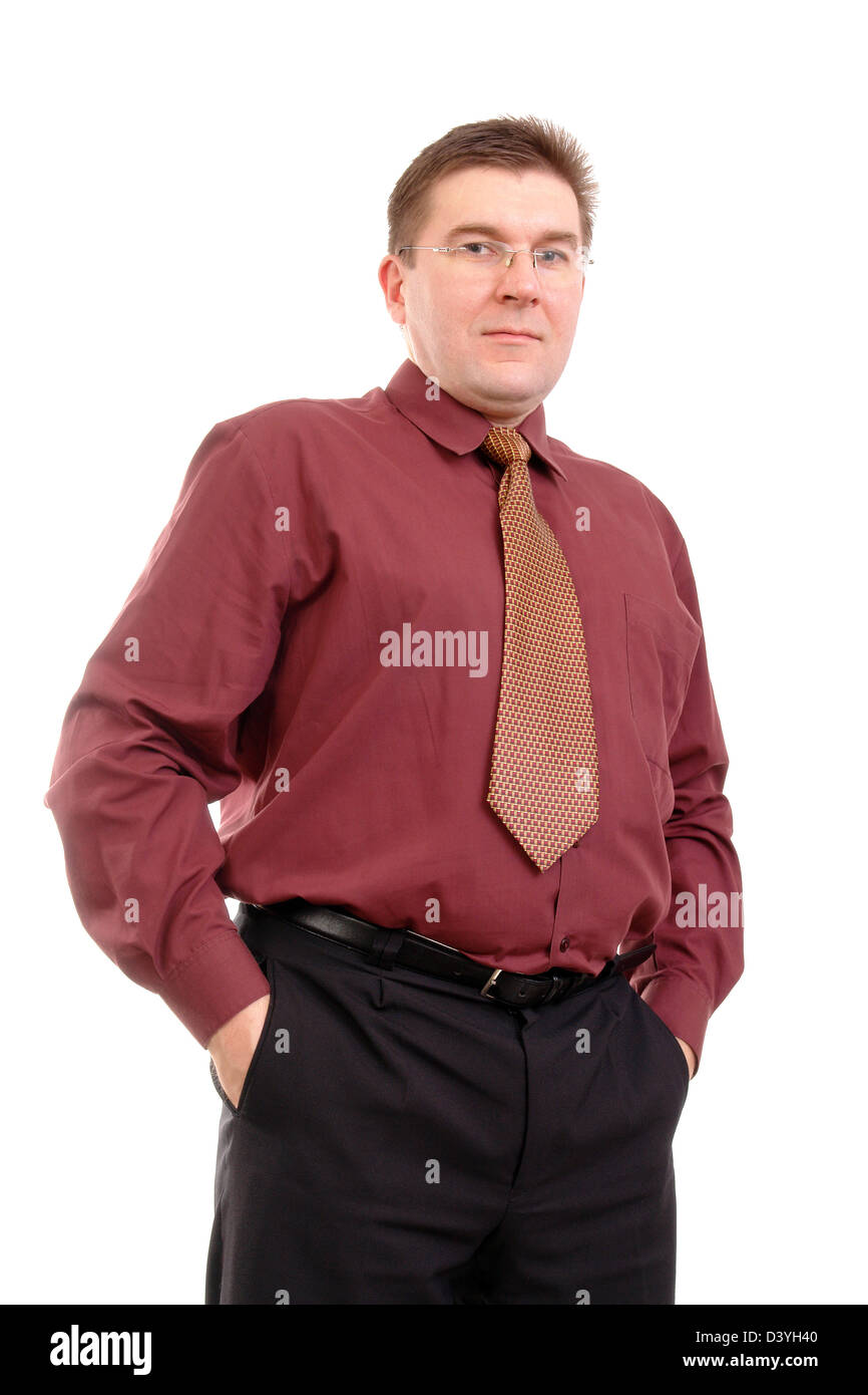 Portrait de l'auto-confident businessman wearing chemise et cravate sur fond blanc Banque D'Images