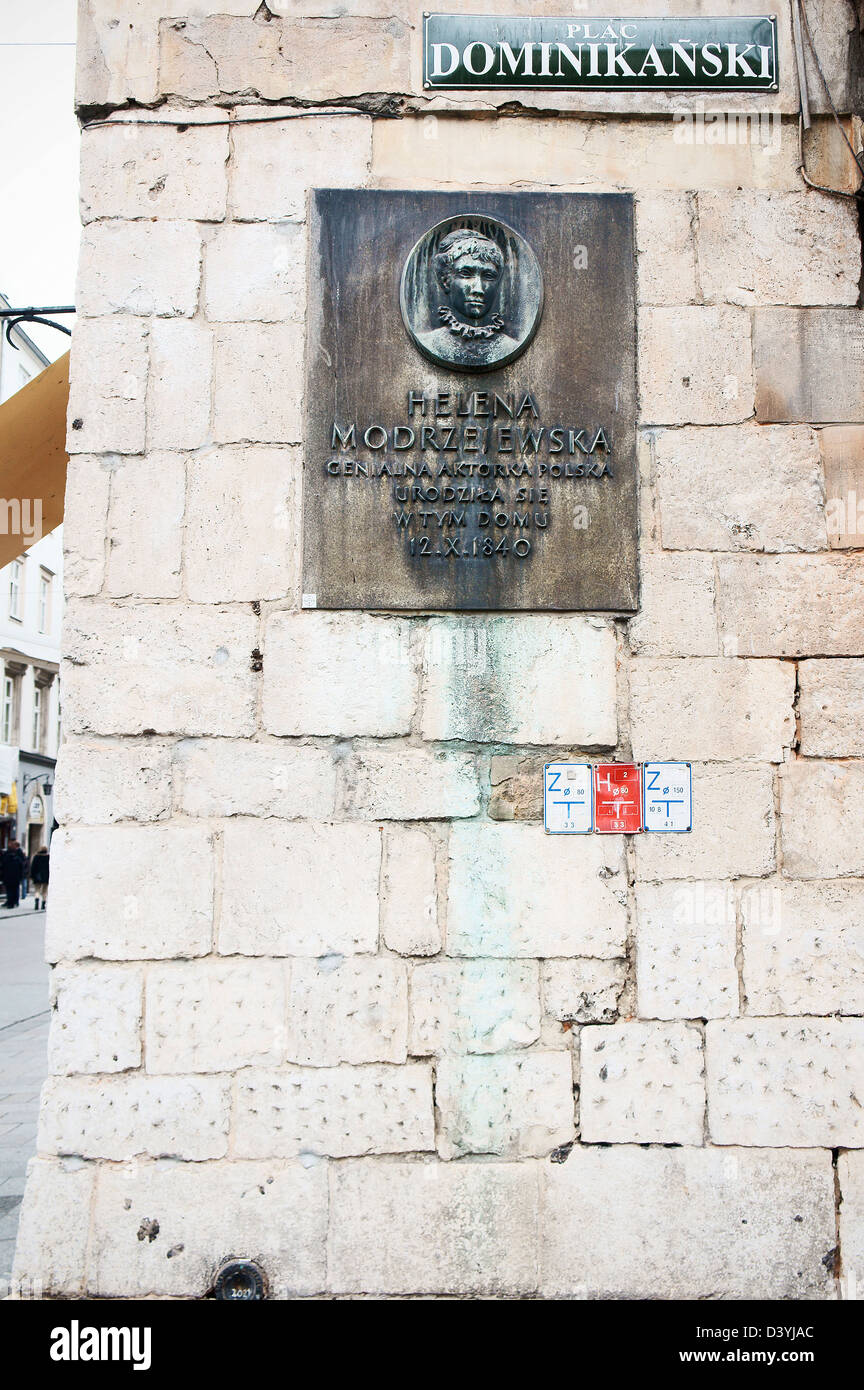 Plaque commémorative Helena Modjeska Modrzejewska (1840-1909) Actrice polonaise Cracovie Pologne le 25 octobre 2012. (CTK Photo/Libor Sojka) Banque D'Images