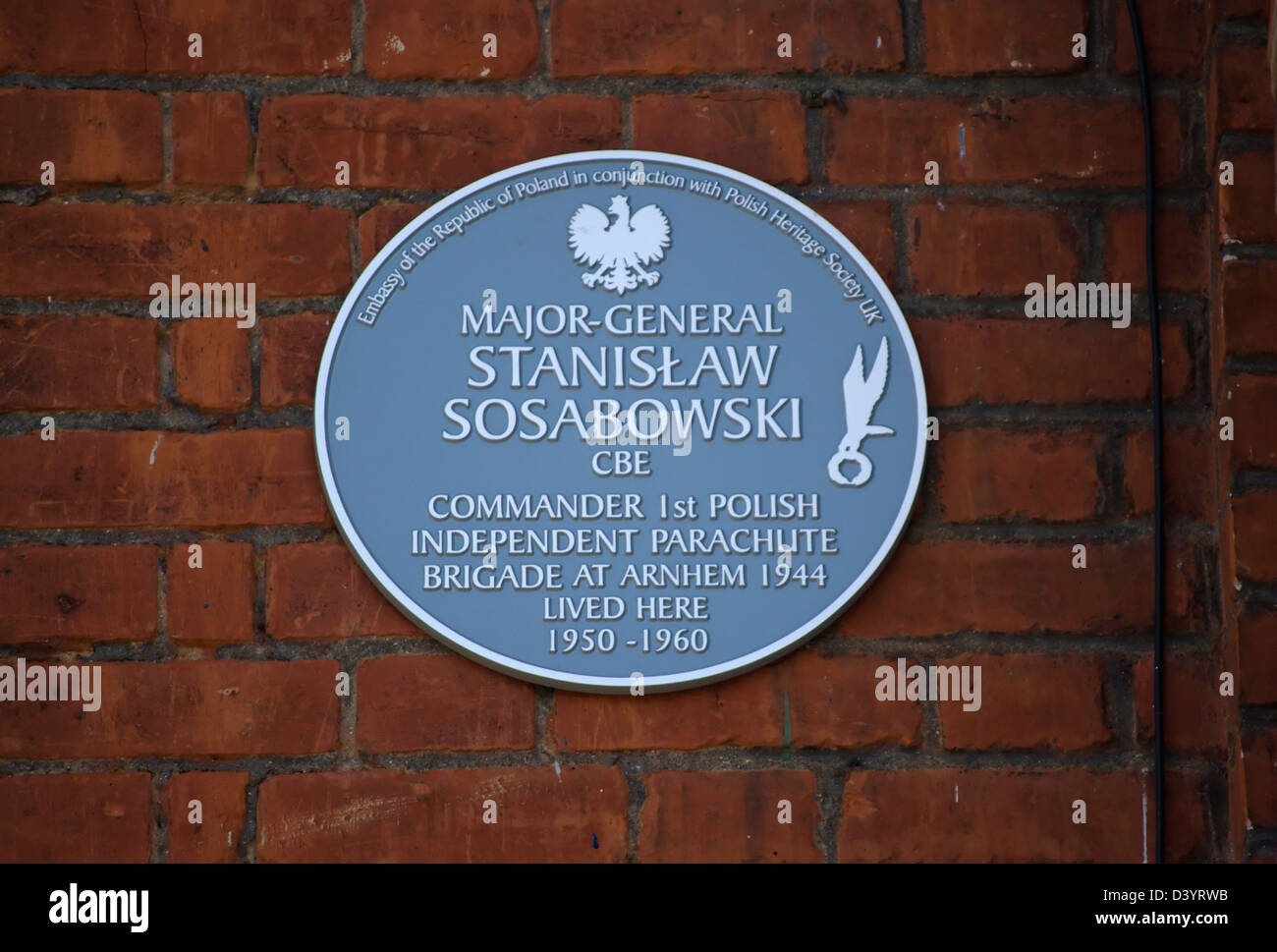 Blue plaque marquant un accueil de major-général Stanislaw Sosabowski, commandant de la brigade de parachutistes polonais à Arnhem, 1944 Banque D'Images