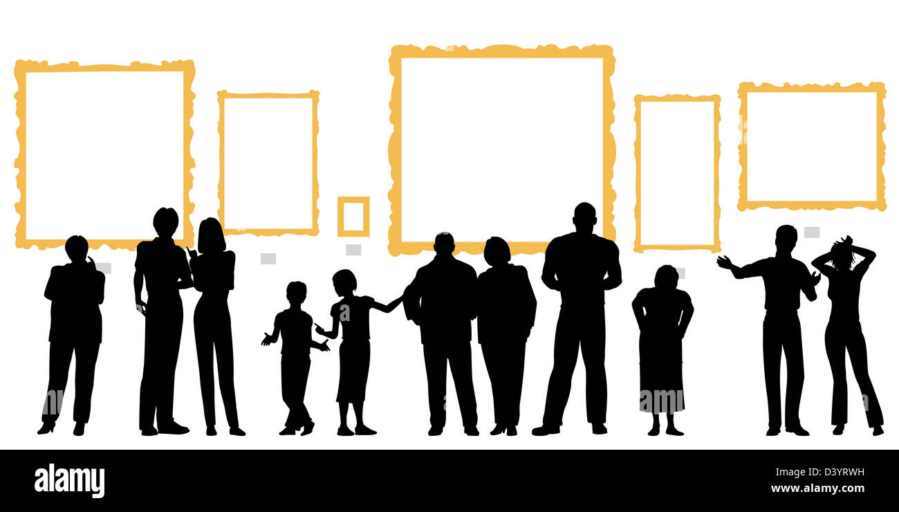 L'Illustre silhouettes de gens très divers à une galerie d'art ou un musée Banque D'Images