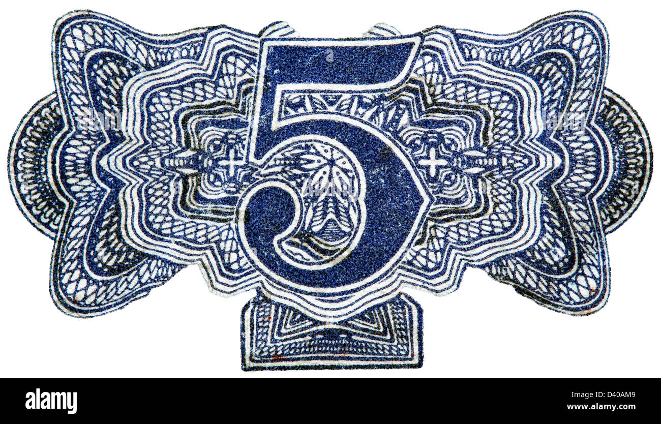 Numéro 5 de 5 billet de Mark, l'Allemagne, 1917, sur fond blanc Banque D'Images