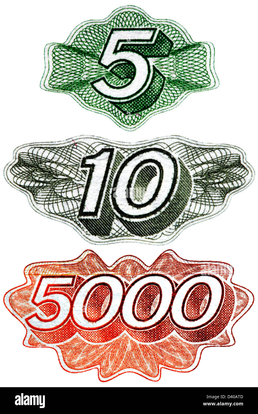 Les numéros 5, 10, 5000 à partir de 5, 10, 5000 roubles billets, sur fond blanc, Russie Banque D'Images