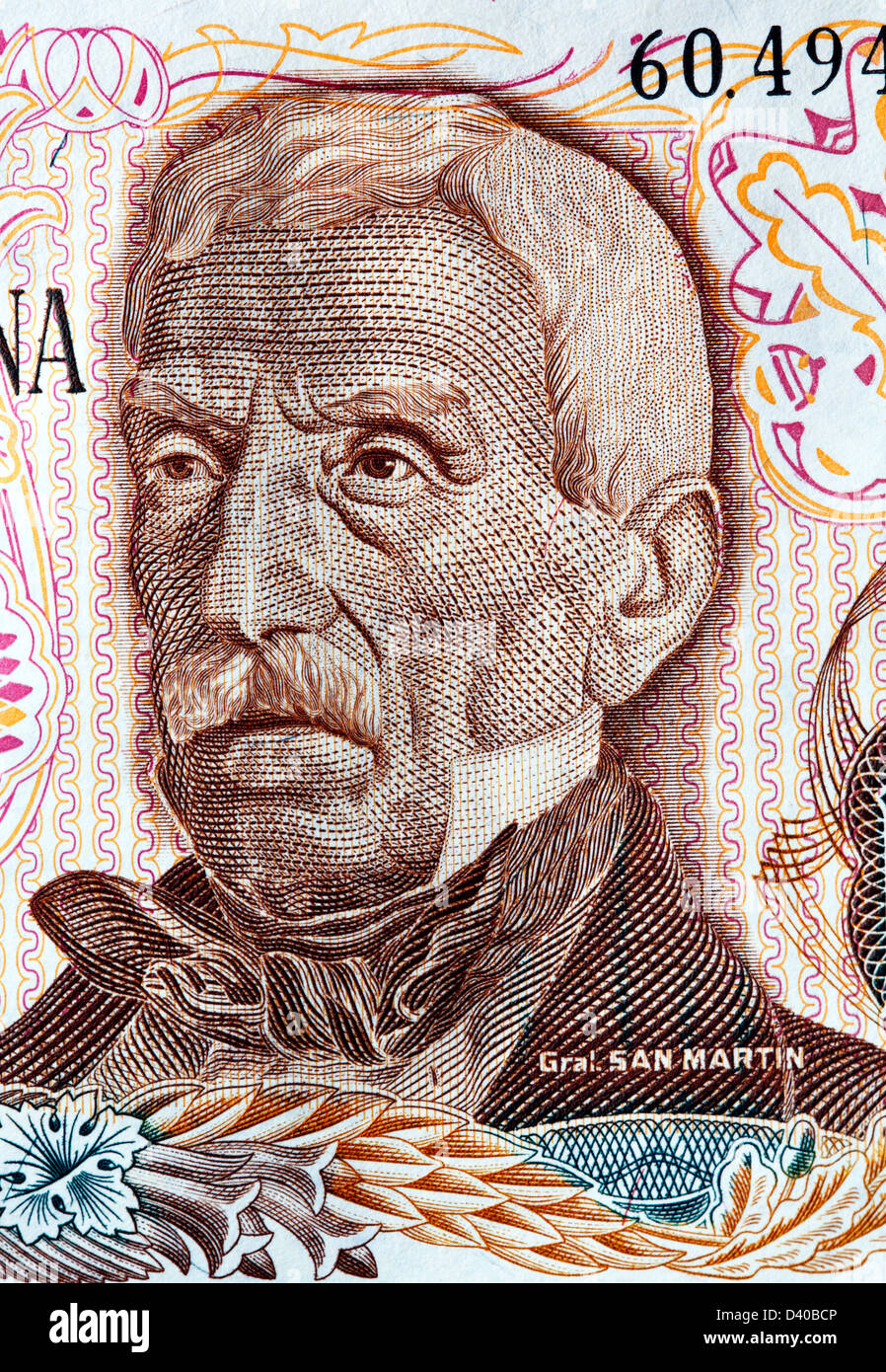 Portrait du général José de San Martin à partir de 1000 pesos, l'Argentine, 1973 billets Banque D'Images