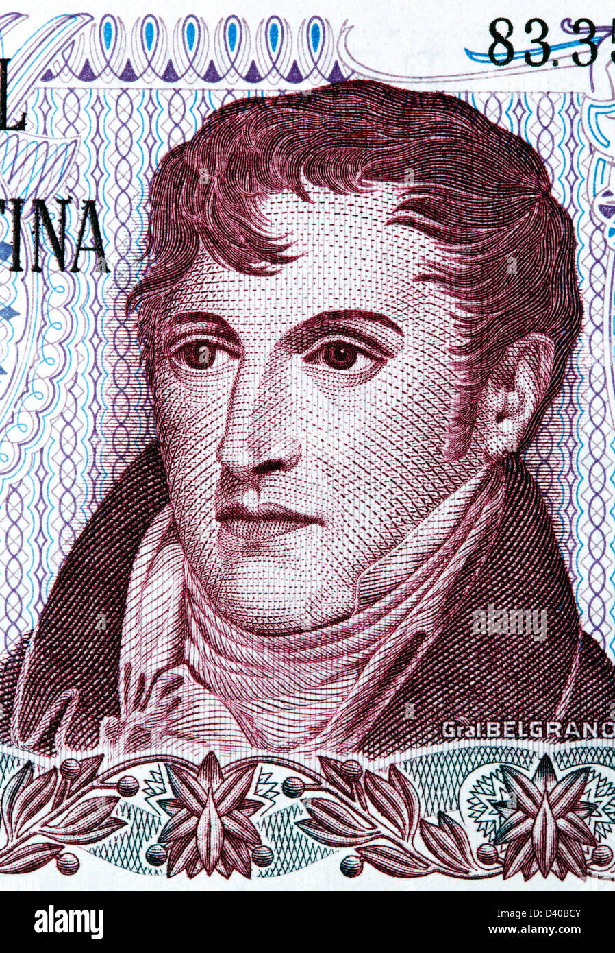 Portrait du général Manuel Belgrano à partir de 10 pesos, l'Argentine, 1973 billets Banque D'Images