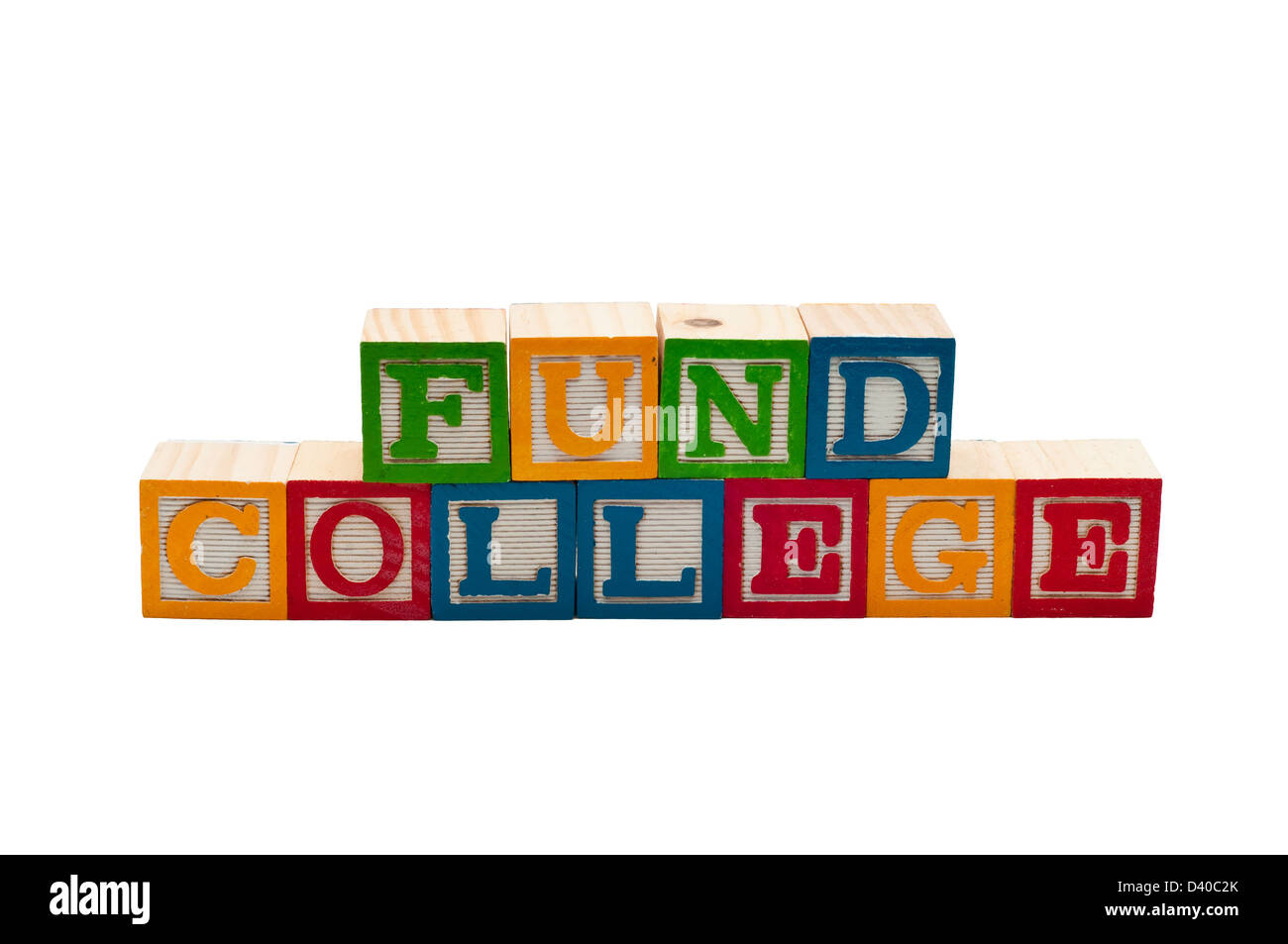 Blocs de bois empilé qu'épeler le mot Fund College. Banque D'Images