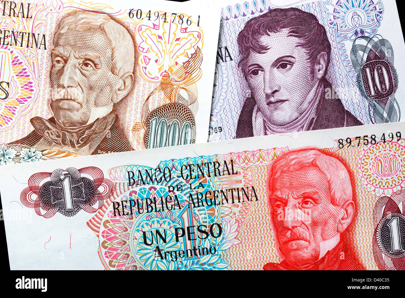 1, 10 et 1000, l'Argentine, Pesos billets années 1970-1980 Banque D'Images