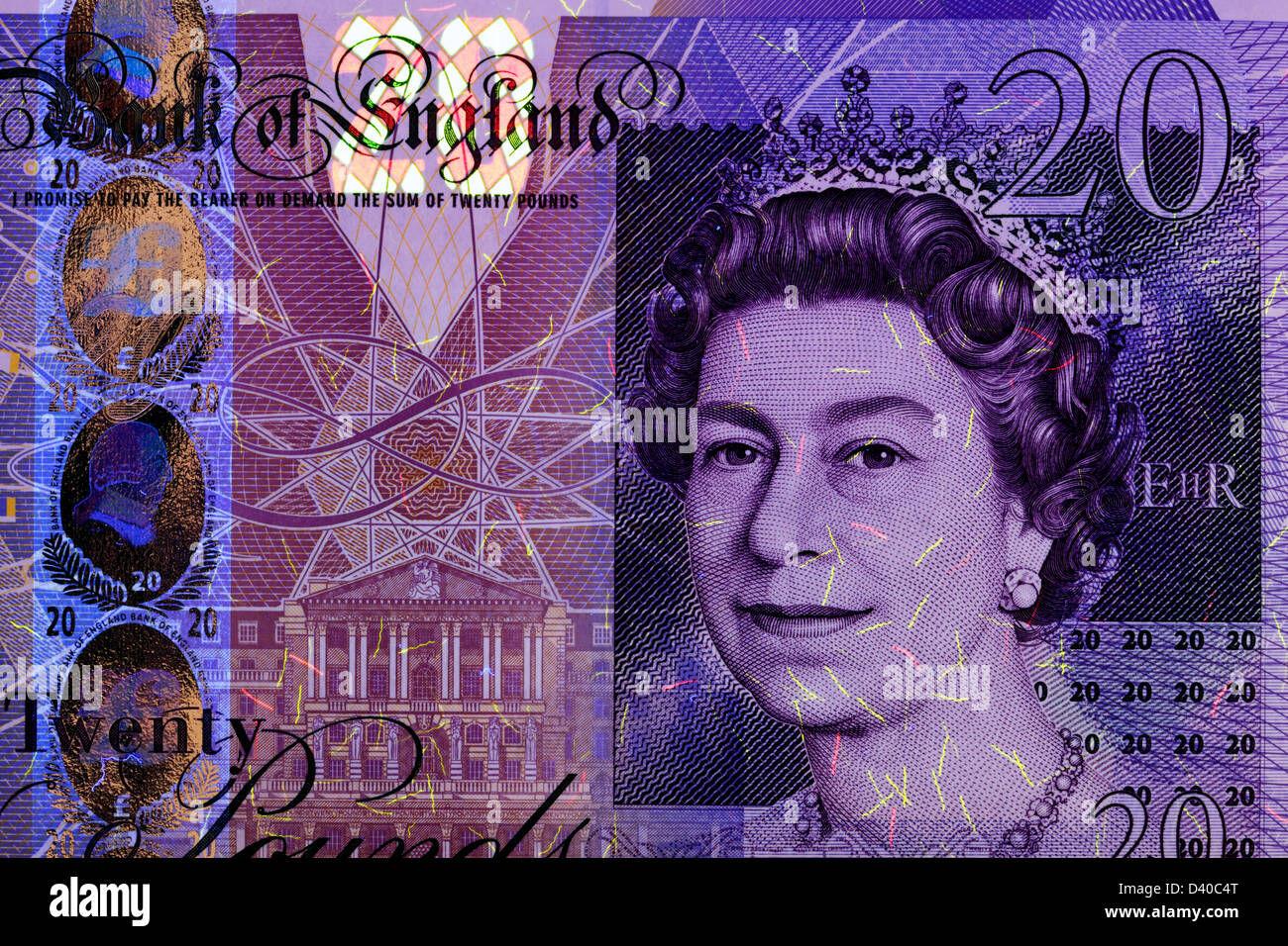 Portrait de la reine Elizabeth II à partir de 20 billets livres sous lumière UV, UK, 2006 Banque D'Images