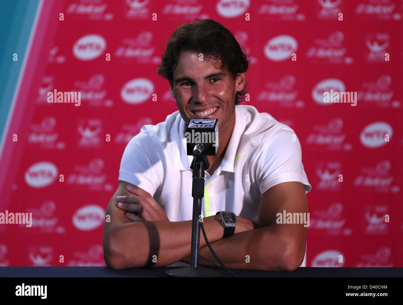 Acapulco, Mexique. 27 février 2013. Tennis Open du Mexique 2013- Rafael Nadal de l'Espagne sourit au cours de conférence de presse quand on lui demande son jeu de poker. Credit : Mauricio Paiz / Alamy Live News Banque D'Images