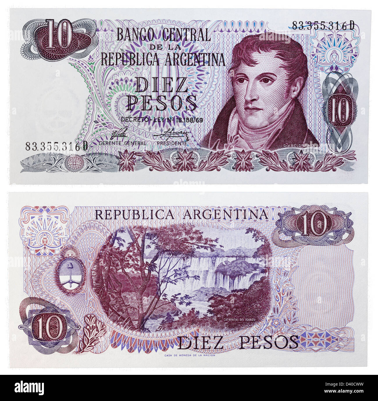 Billet de 10 pesos (General Manuel Belgrano et chute d'eau à Iguazu, Argentine, 1973) Banque D'Images