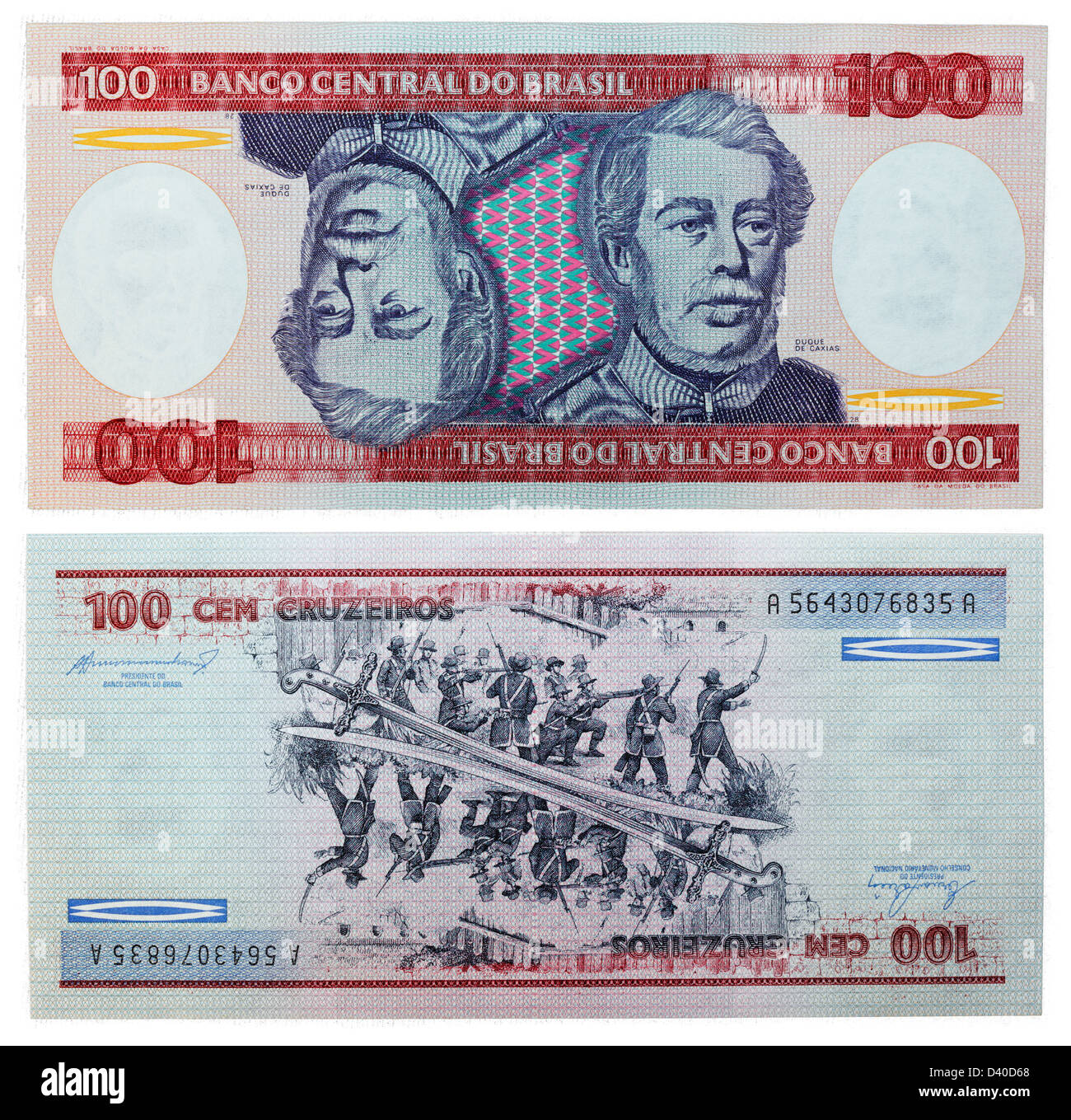 100 billets de Cruzeiro, D. de Caxias et scène de bataille, Brésil, 1984 Banque D'Images