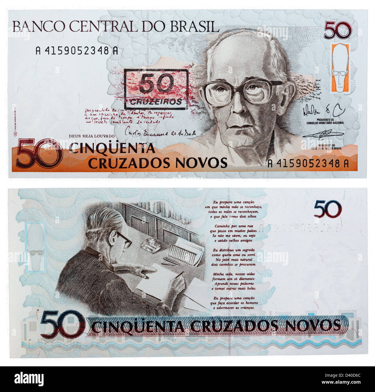 50 Cruzeiros billet, C. Drummond de Andrade et poésie, Brésil, 1990 Banque D'Images