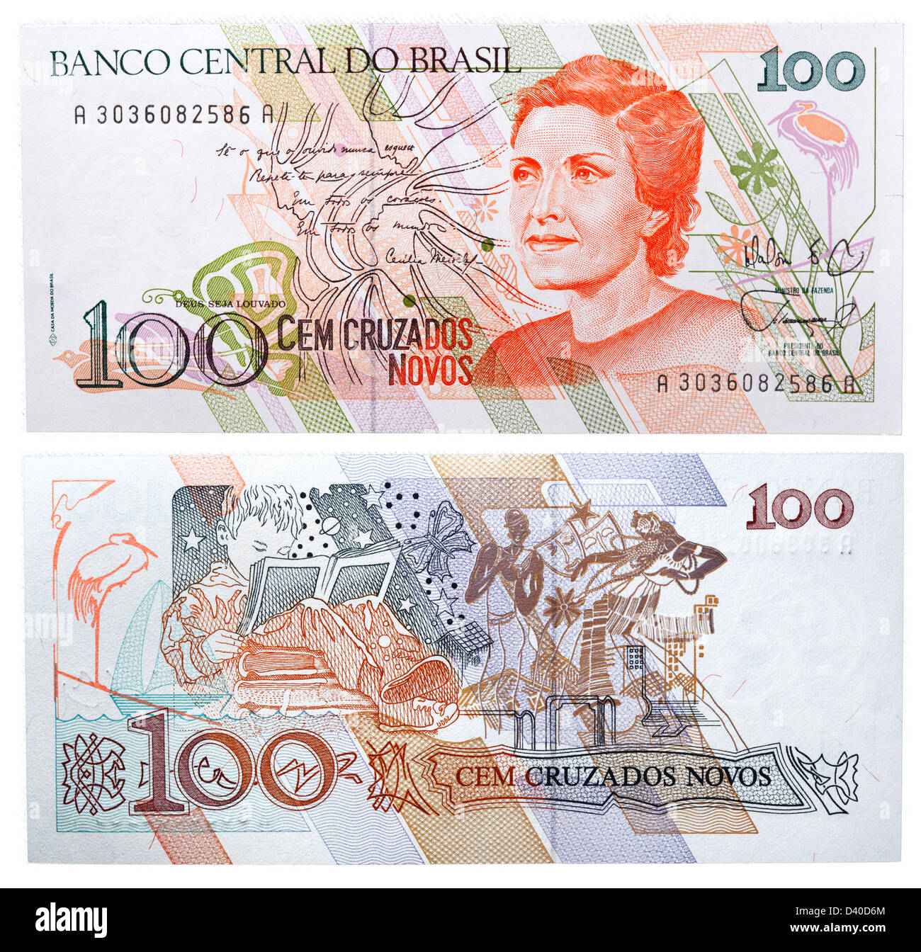 Billet de 100 Cruzados Novos, Cildo Meireles, la lecture et les gens danser, Brésil, 1989 Banque D'Images