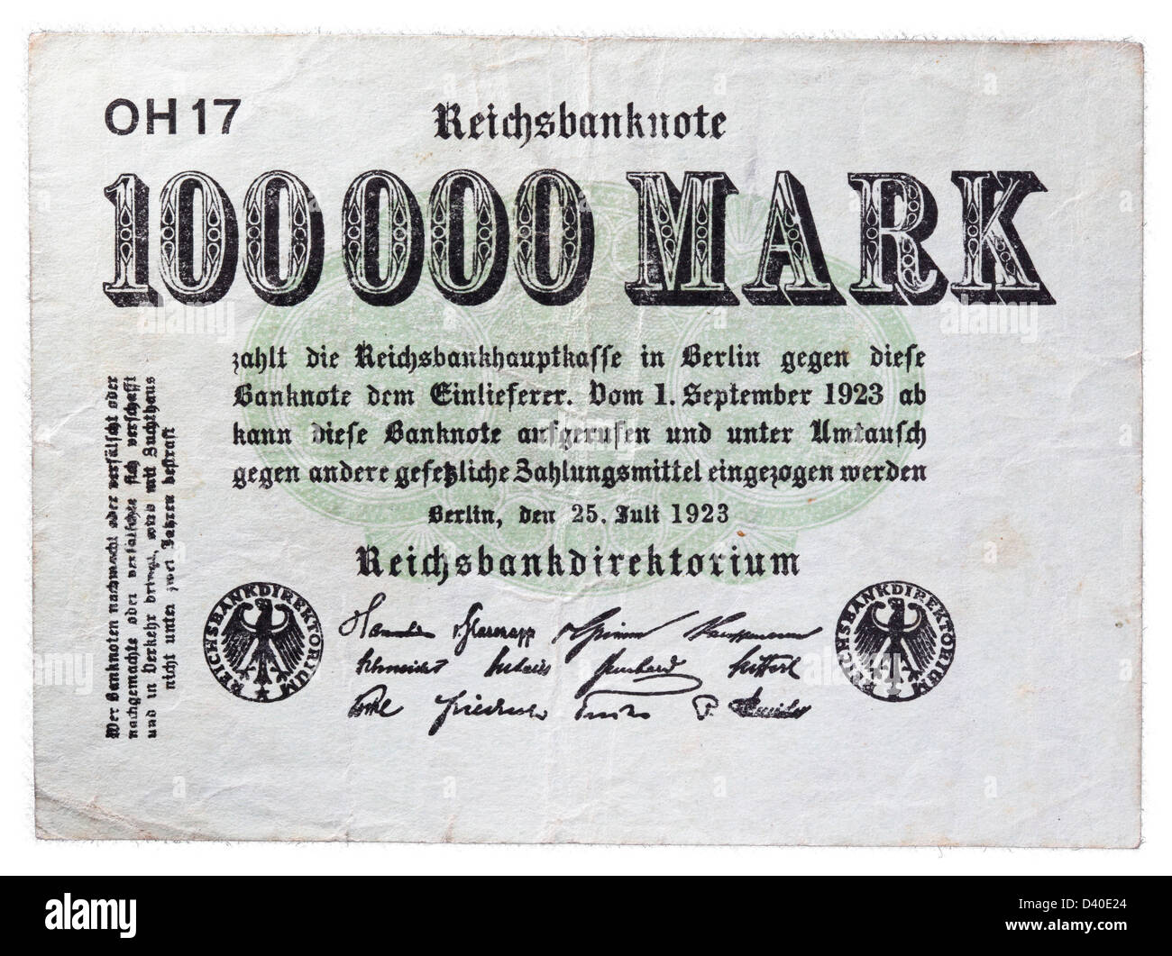 100000 billet de Mark, l'Allemagne, 1923 Banque D'Images