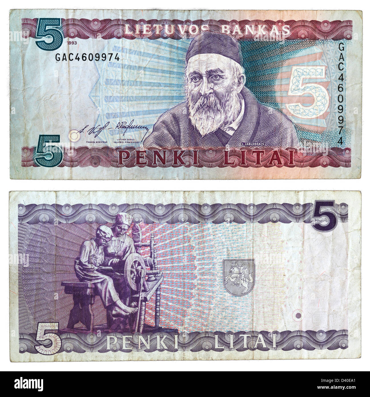 5 billet de Litai, Jonas Jablonskis, mère et fille au rouet, Lituanie, 1993 Banque D'Images