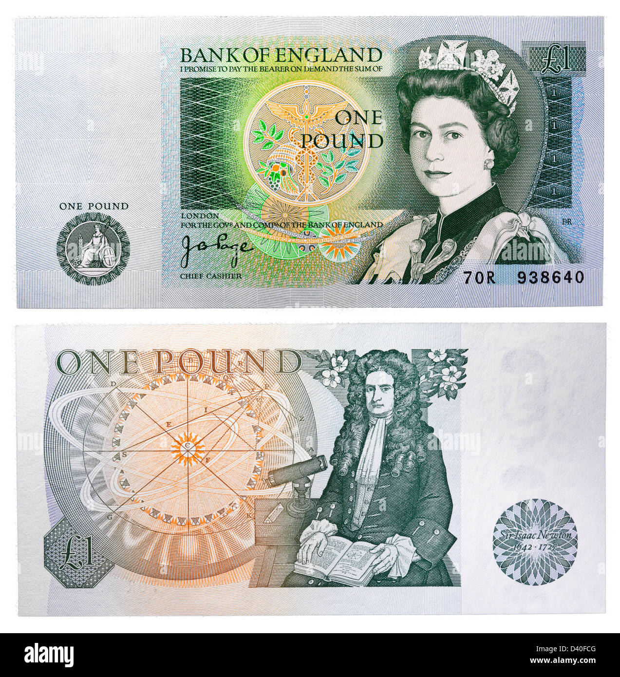 Billet de 1 Pound, la reine Elizabeth II et Sir Isaac Newton, UK, 1978 Banque D'Images