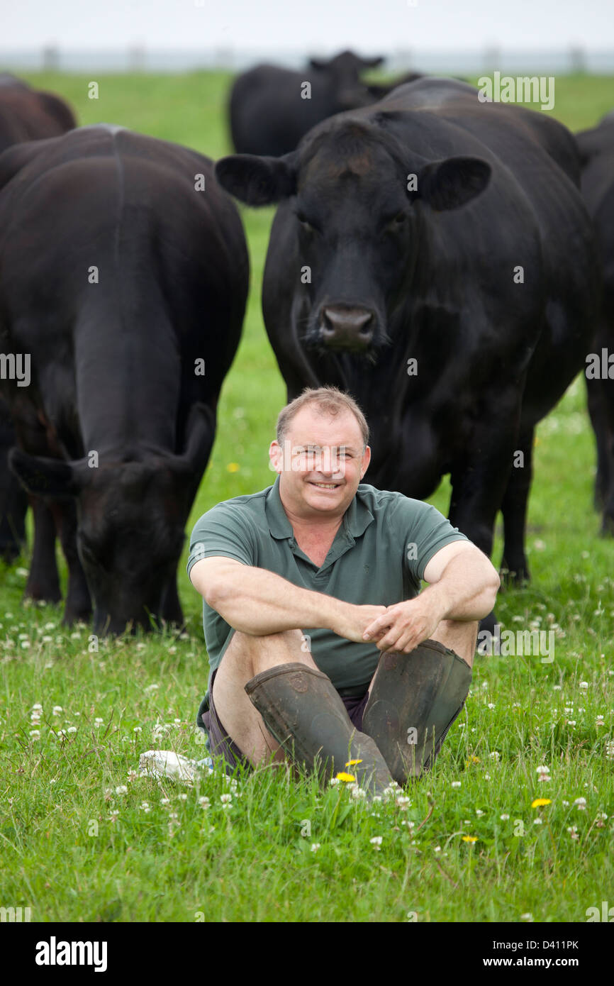 Éleveur de bovins, assis dans le champ avec le bétail Banque D'Images
