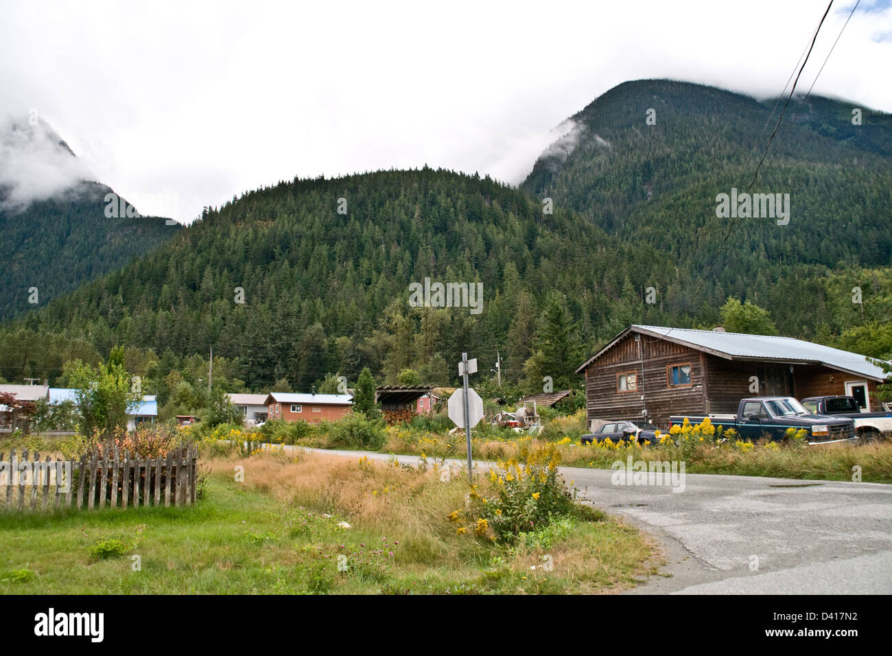 Montagnes et la forêt au-dessus d'une rue résidentielle dans la communauté autochtone de Bella Coola, la forêt pluviale de Great Bear, en Colombie-Britannique, Canada. Banque D'Images