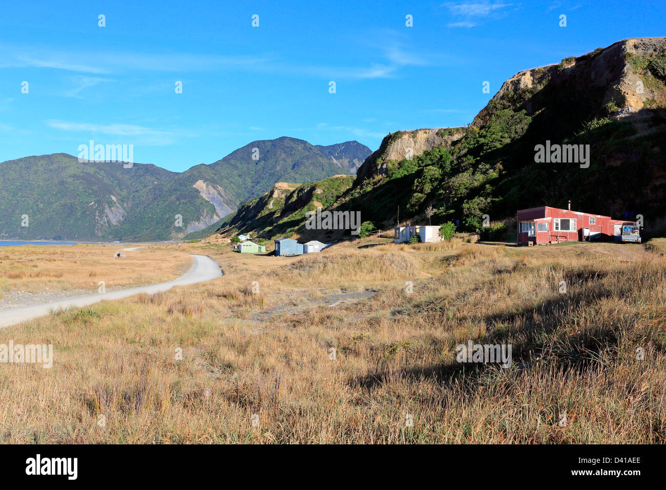 Coastal holiday cottages sur Ocean Beach road à Palliser Bay, South Wairarapa Banque D'Images