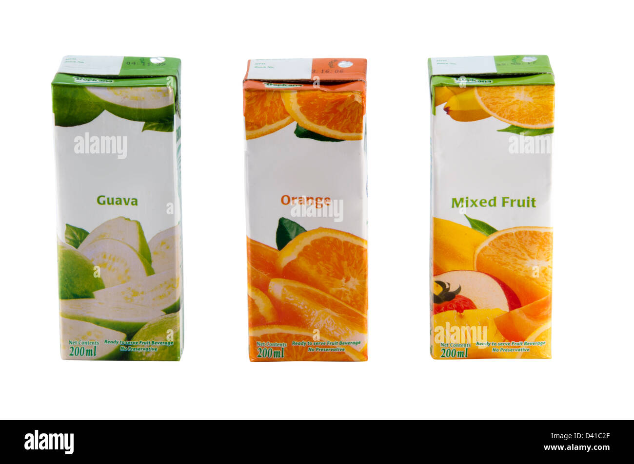 Boîtes de jus de goyave - , l'orange, mélange de fruits Banque D'Images