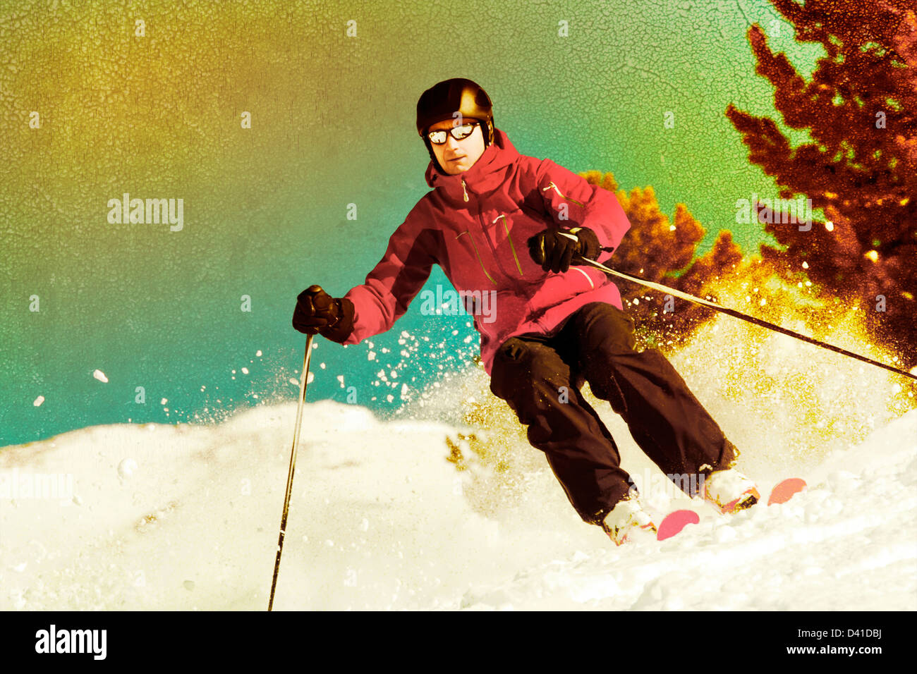 Retour skieur avec retro photo effet Banque D'Images