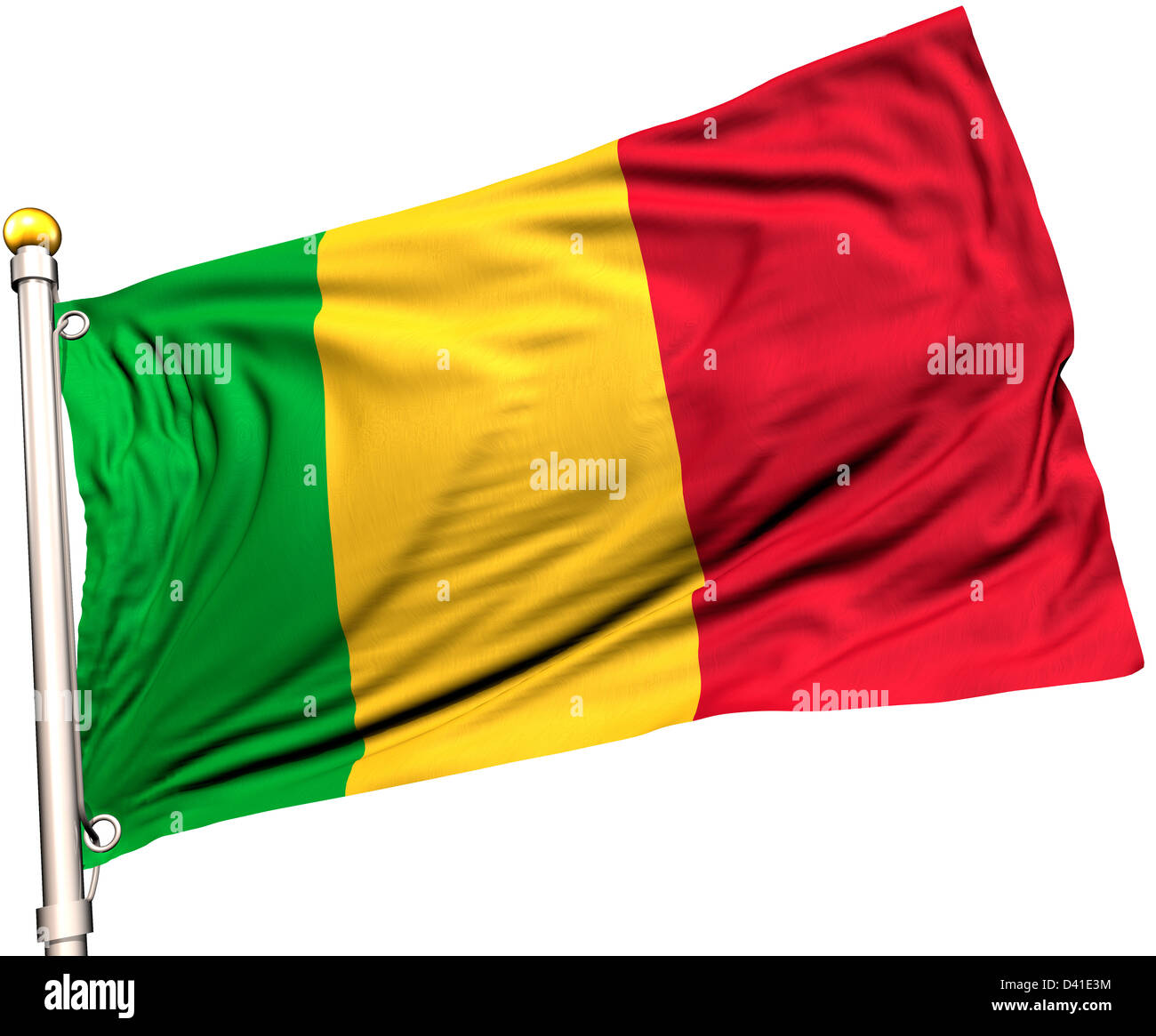 Mali drapeau sur un mât. Chemin de détourage inclus. La texture de la soie visible sur le drapeau à 100  %. Banque D'Images