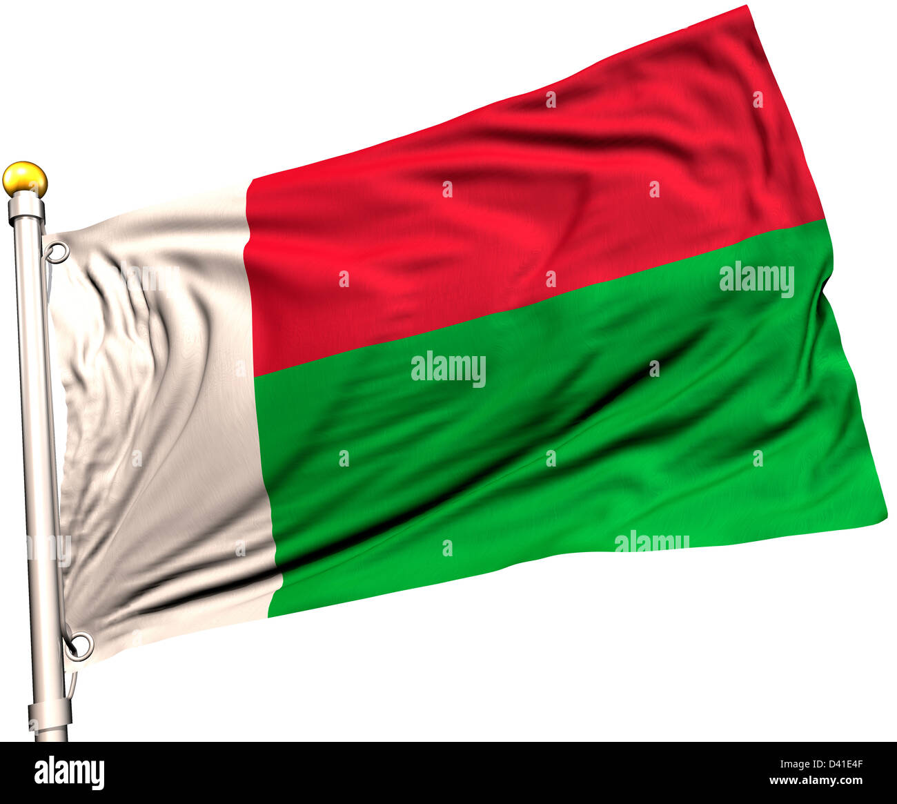 Madagascar drapeau sur un mât. Chemin de détourage inclus. La texture de la soie visible sur le drapeau à 100  %. Banque D'Images