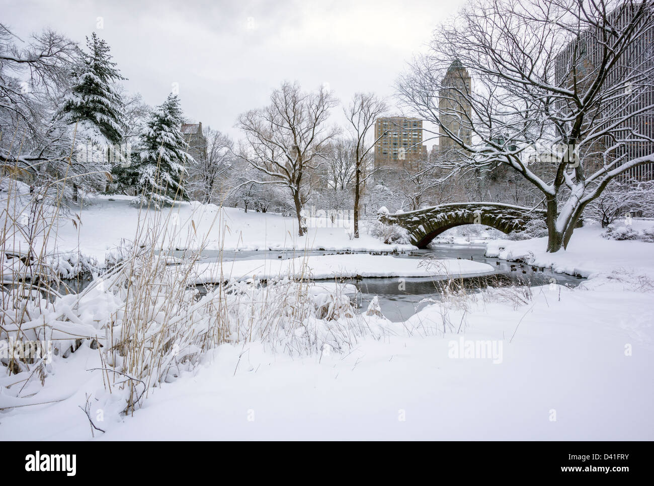 Central Park, New York City Gapstow bridge après la tempête de neige Banque D'Images