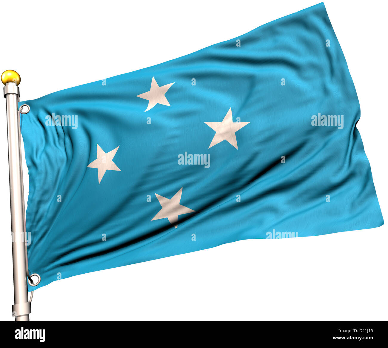 Micronésie drapeau sur un mât. Chemin de détourage inclus. La texture de la soie visible sur le drapeau à 100  %. Banque D'Images