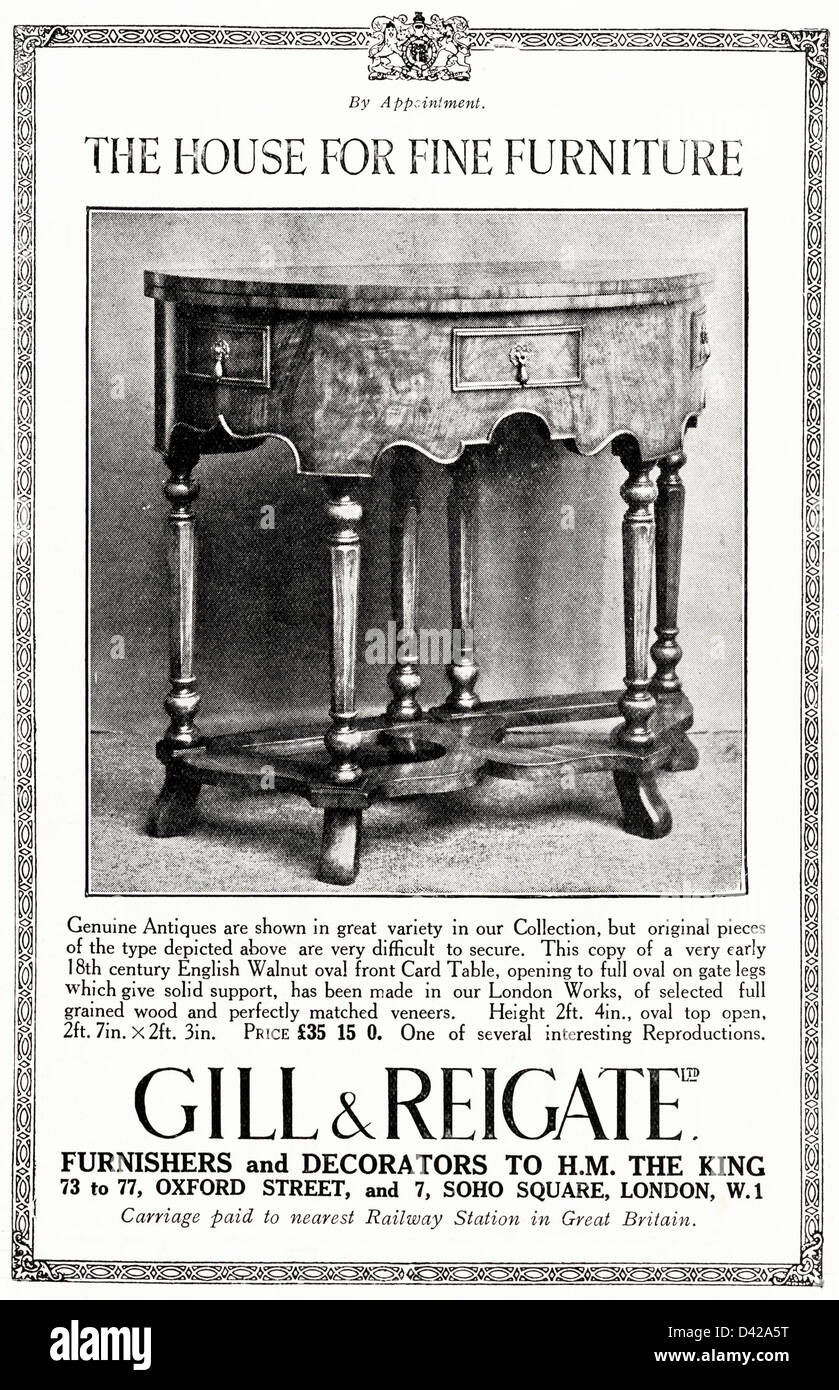 Publicité originale des années 1920 dans un journal anglais Country Gentleman annonçant des meubles raffinés de Gill & Reigate of London par des meubles et des décorateurs de maison à rendez-vous au roi Banque D'Images