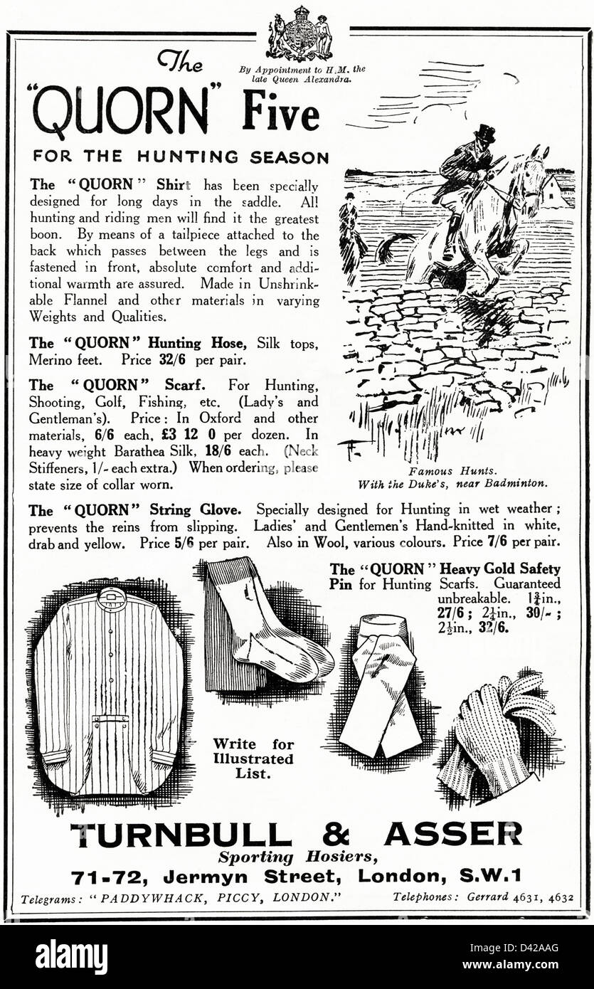 Vintage des années 1920 Publicité imprimée à partir de l'anglais country gentleman's newspaper advertising Quorn Vêtements de chasse par Turnbull & Asser de Jermyn Street Londres par nomination royale à la fin de la reine Alexandra Banque D'Images