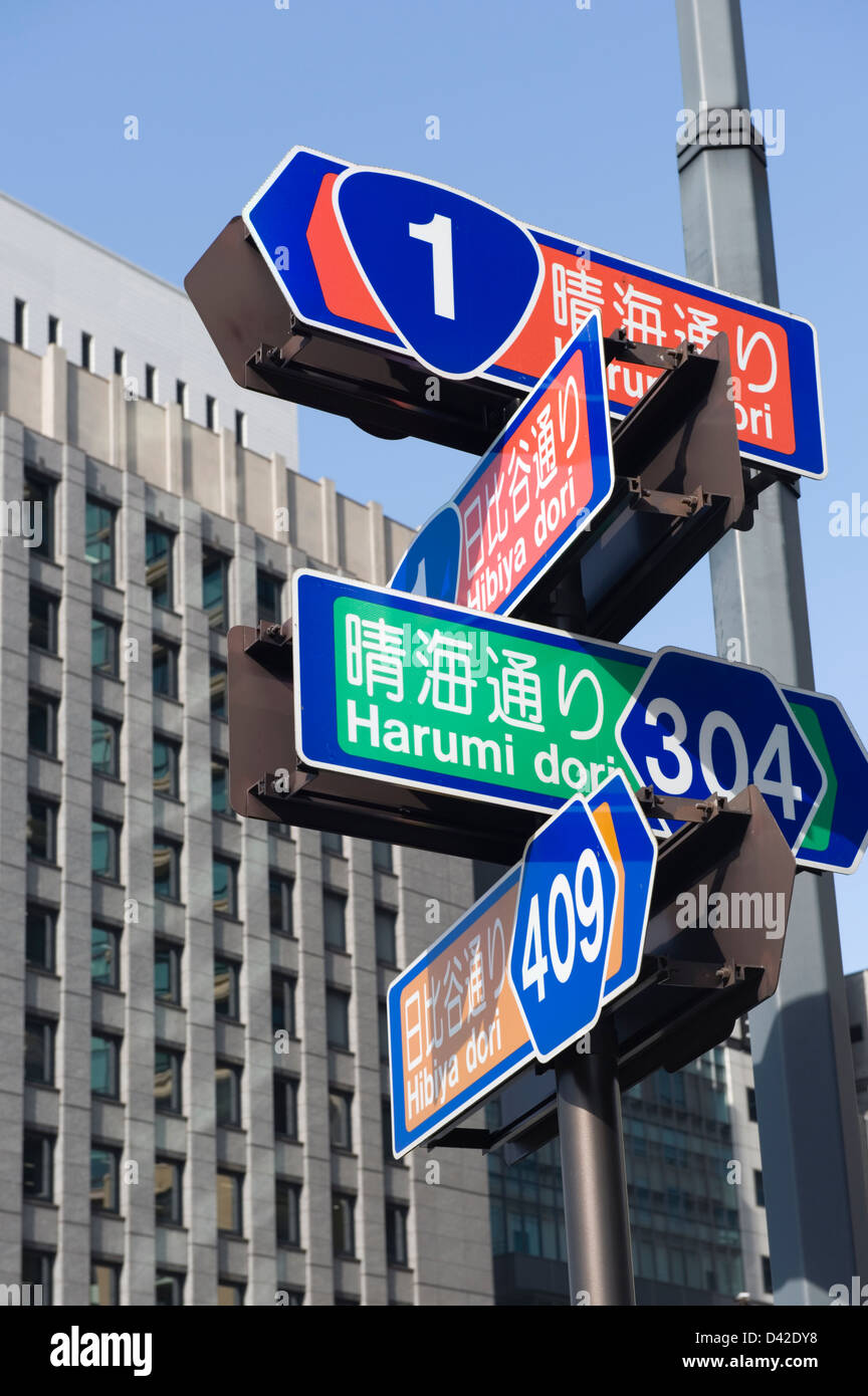 Centre de Tokyo des plaques de rue à l'intersection de Harumi-dori et Hibiya-dori rues, coude de la Route 1, la route Tokaido original Banque D'Images