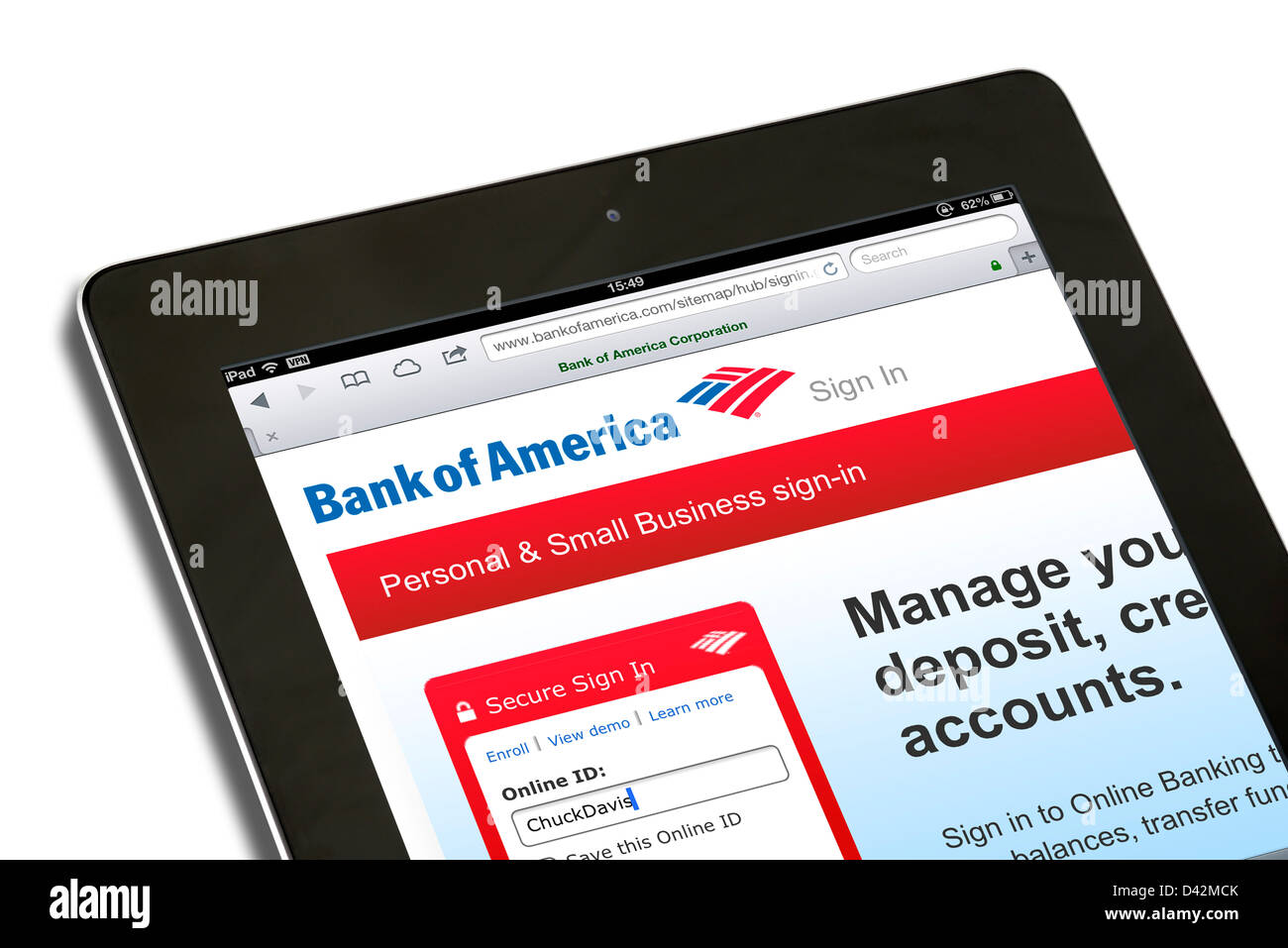 Connexion à une banque d'Amérique compte sur un iPad 4, USA Banque D'Images