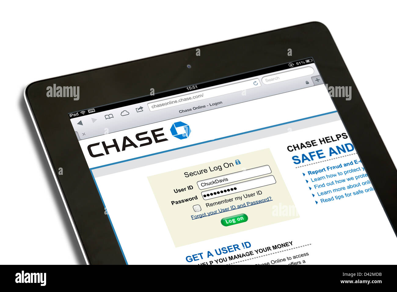 Session sur un Chase Bank compte sur un iPad 4, USA Banque D'Images