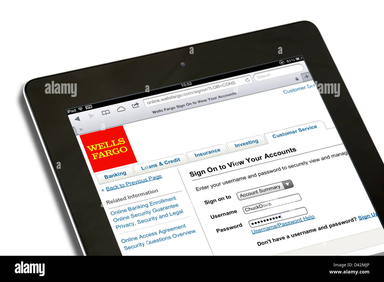 Connexion à un Wells Fargo Bank compte sur un iPad 4, USA Banque D'Images