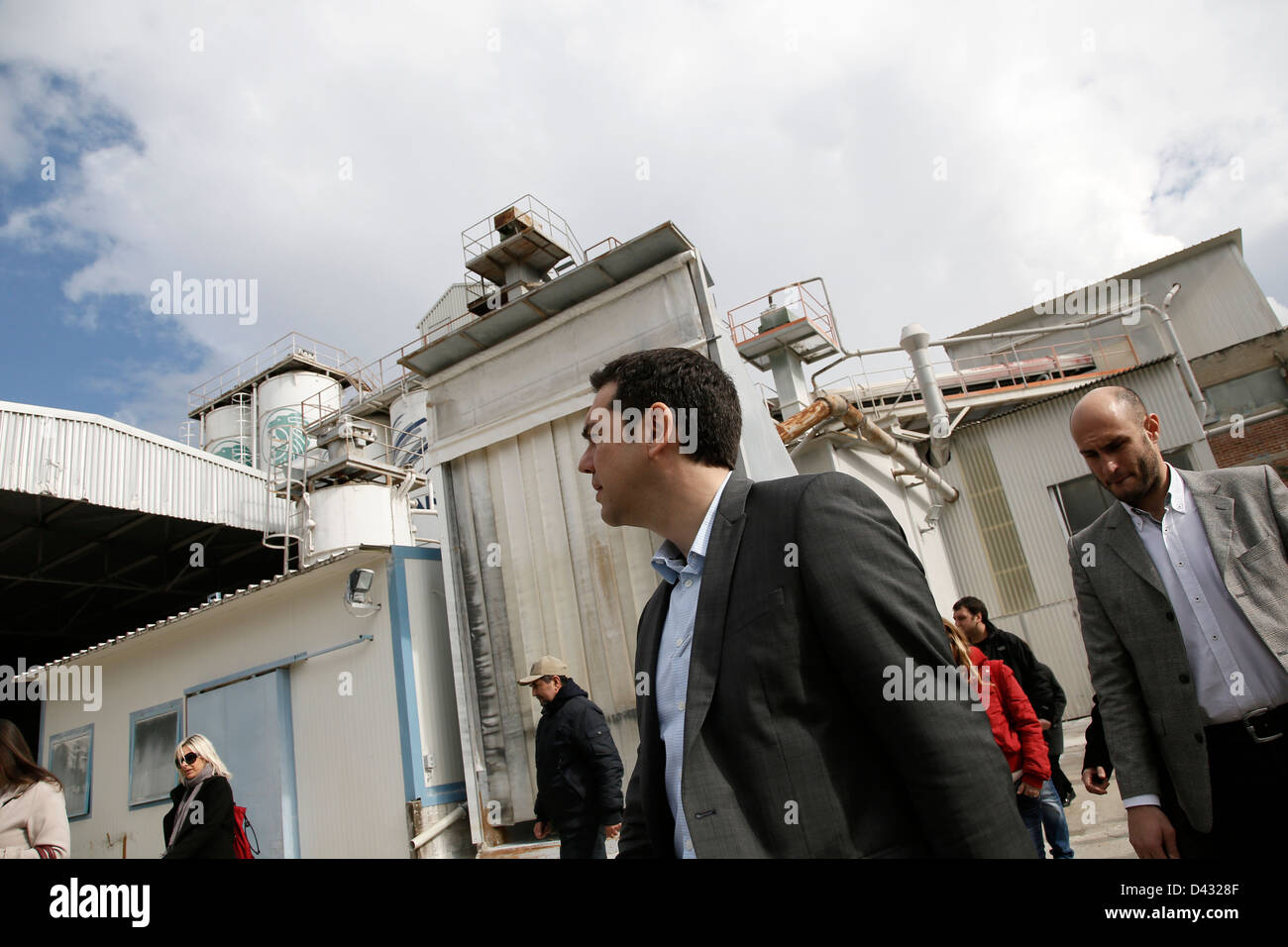 Visite du président de SYRIZA, Alexis Tsipras à l'usine Viomichaniki Metaleutiki à Thessalonique, le 27 février 2013. Banque D'Images