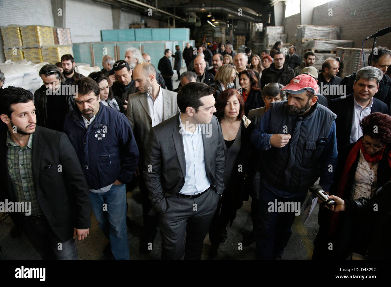 Visite du président de SYRIZA, Alexis Tsipras à l'usine Viomichaniki Metaleutiki à Thessalonique, le 27 février 2013. Banque D'Images