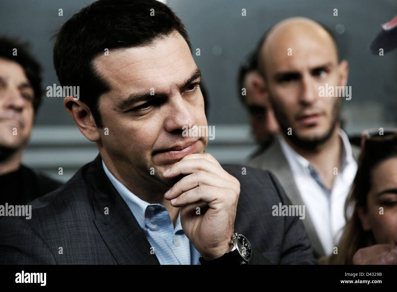 Visite du président de SYRIZA, Alexis Tsipras à l'usine Viomichaniki Metaleutiki à Thessalonique, le 27 février 2013. Banque D'Images