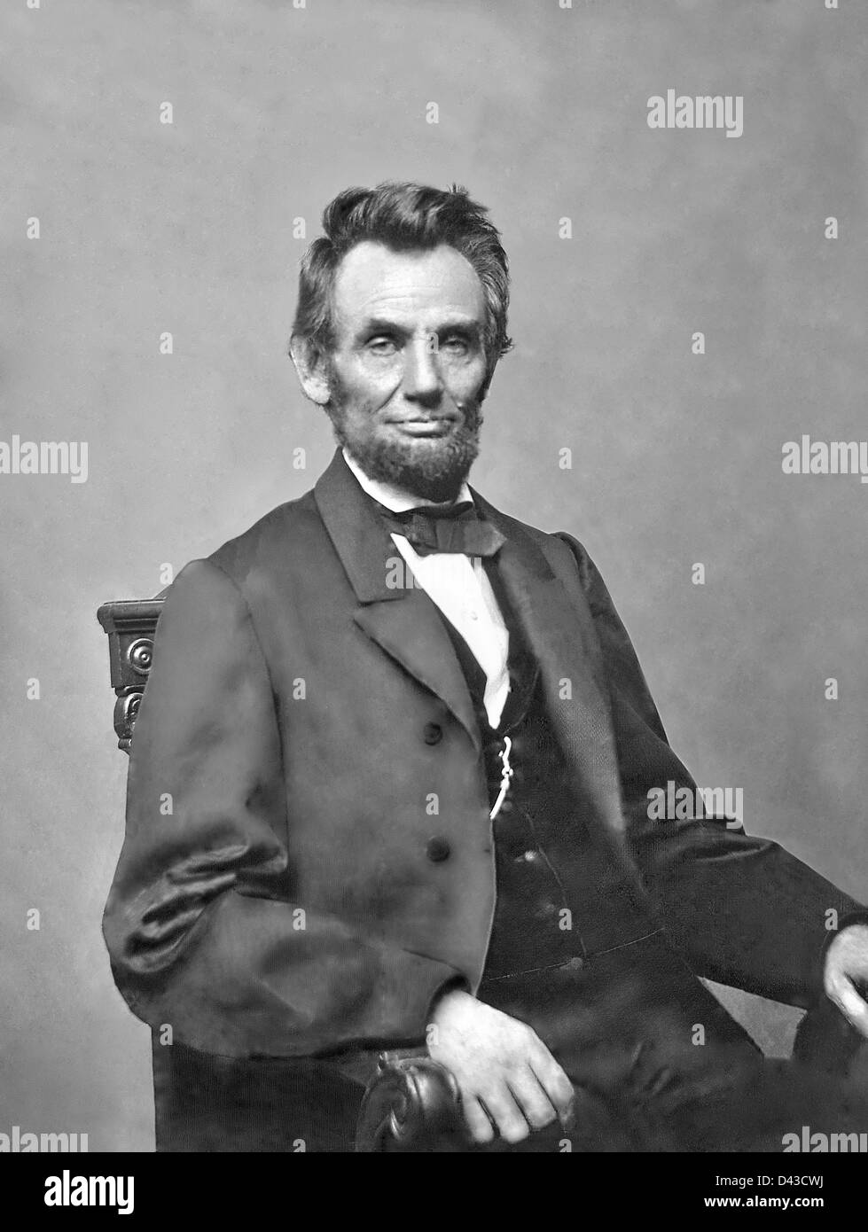 Portrait du président Abraham Lincoln par Mathew Brady 1860. À partir de l'original retouché pour supprimer les artefacts. Banque D'Images