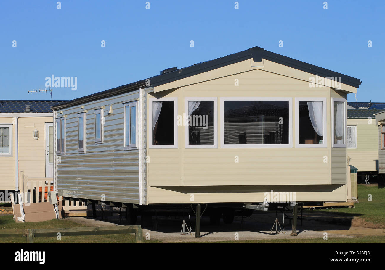 Extérieur de mobile home moderne sur Caravan Park, Scarborough, Angleterre. Banque D'Images