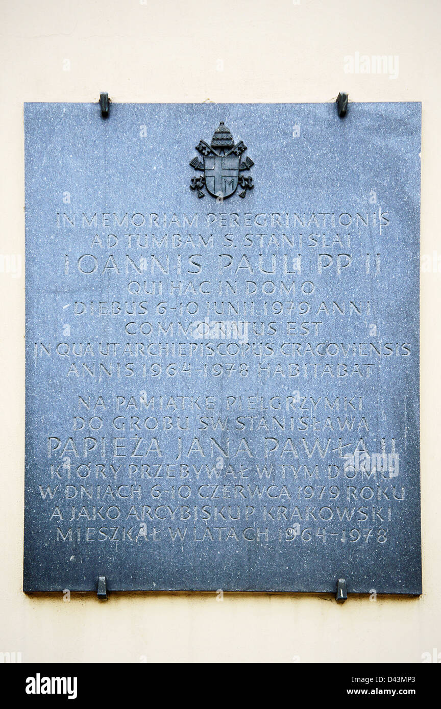 Plaque commémorative le Pape Jean Paul II, Jan Pawel II, Cracovie, Pologne, le 25 octobre 2012. (CTK Photo/Libor Sojka) Banque D'Images